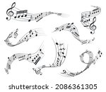 Music notes bearer flows. Wavy note key compositions. Melody scale dark swirling silhouettes. Musical cipher. Curve lines. Piano tune signature. Vector harmony graphic