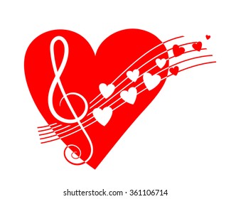 Music notes with big red heart