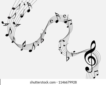 Music notes Black Abstract. Music notes on rainbow line wave background. Black G-clef and music notes isolated vector illustration Can be adapt to Brochure, Annual Report, Magazine, music poster.