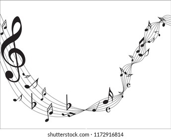 Music notes Black Abstract music notes on rainbow line wave background. Black G-clef and music notes isolated vector illustration Can be adapt to Brochure, Annual Report, Magazine, Poster, music notes
