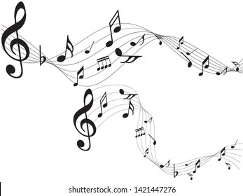 Music notes Black. Abstract music notes on rainbow line wave background. Black G-clef and music notes isolated vector illustration Can be adapt to Brochure, Annual Report, Magazine, Poster.