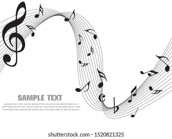 Music notes Black Abstract music notes on rainbow line wave background. Black G-clef and music notes isolated vector illustration Can be adapt to Brochure, Annual Report, Magazine, Poster, music notes