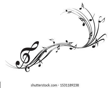 Music notes Black Abstract music notes on rainbow line wave background. Black G-clef and music notes isolated vector illustration Can be adapt to Brochure, Annual Report, Magazine, Poster, music notes