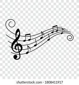 Music notes, black musical symbols on stave with swirls, isolated vector illustration.