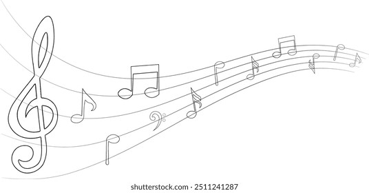 Notas musicales, elemento musical de estilo doodle de contorno negro, Ilustración vectorial.