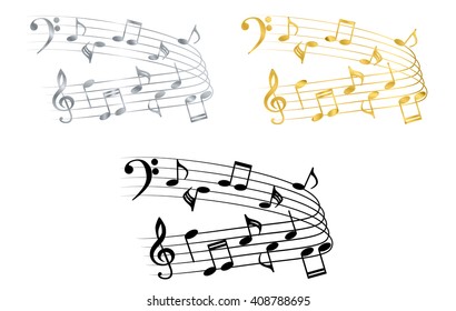 A Music Notes, Black And White, Metal Gold And Silver, Vector