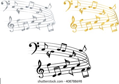 a music notes, black and white, metal gold and silver, vector