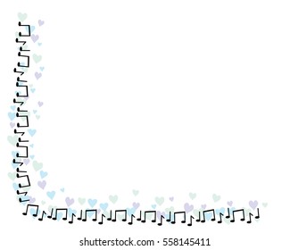 music notes and blue lilac hearts on a frame with blank white background
