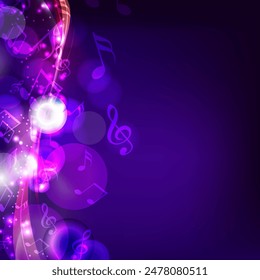 Music Notes with Bokeh Effect on Blue Background and Copy Space.