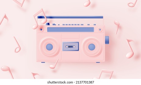 Music notes with boom box, song, melody or tune 3d realistic vector icon for musical apps and websites background vector illustration