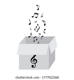 Music notes in box. Flying music notes from open grey box. Vector illustration.
