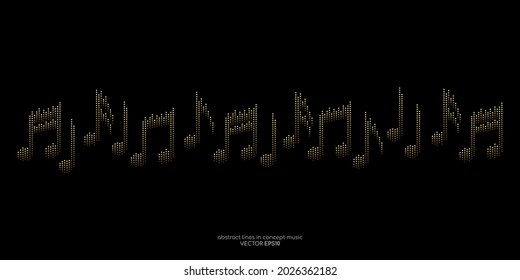 Music notes by equalizer lines wavy flowing in gold light colors isolated on black background in luxury music 