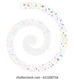 Music Notes carnival vortex spiral. Vector bright multicolored random symbols.