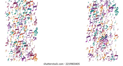 Music notes cartoon vector backdrop. Sound composition elements explosion. Pop music concept. Isolated notes cartoon signs with bass clef. Party flyer backdrop.