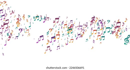 Music notes cartoon vector backdrop. Song notation elements swirling. Party music wallpaper. Abstract notes cartoon silhouettes with bass clef. Party flyer backdrop.