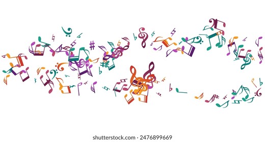 Notas musicales de fondo de Vector de dibujos animados. Los Elementos de notación sinfónica explotan. Concepto de música disco. Abstractas notas de dibujos animados siluetas con pausa. Diseño gráfico de afiche de concierto.