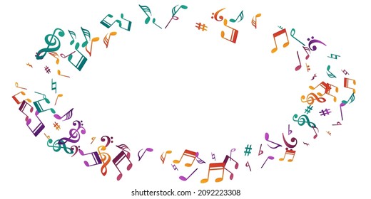 Music notes cartoon vector design. Symphony notation elements explosion. Classic music illustration. Doodle notes cartoon signs with treble clef. Banner background.
