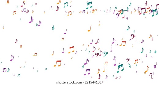 Music notes cartoon vector design. Song notation elements swirling. Radio music pattern. Isolated notes cartoon signs with treble clef. Birthday card backdrop.