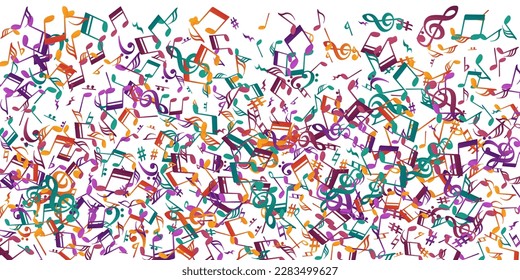 Music notes cartoon vector design. Symphony notation elements burst. Radio music wallpaper. Abstract notes cartoon silhouettes with bass clef. Party flyer graphic design.