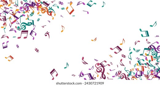 Music notes cartoon vector design. Symphony notation signs scatter. Nightclub music illustration. Abstract notes cartoon silhouettes with treble clef. Album cover background.