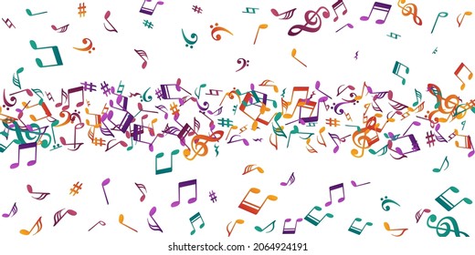 Music notes cartoon vector illustration. Audio recording elements swirling. Radio music wallpaper. Grunge notes cartoon signs with sharp. Album cover backdrop.