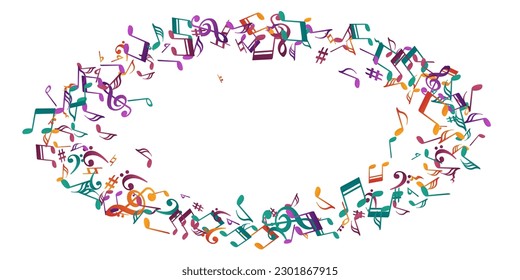 Music notes cartoon vector illustration. Song notation elements swirling. Digital music concept. Vintage notes cartoon signs with pause. Concert poster background.