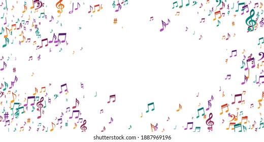 Music notes cartoon vector pattern. Symphony notation signs scatter. Radio music illustration. Vintage notes cartoon elements with pause. Banner graphic design.