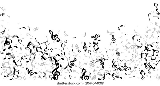 Music notes cartoon vector wallpaper. Symphony notation elements scatter. Digital music pattern. Funky notes cartoon elements with bass clef. Banner background.