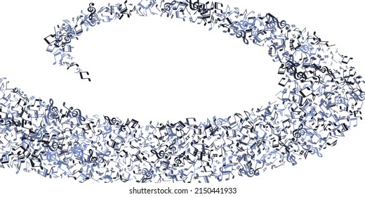 Musiknoten, Cartoon, Vektorhintergrund. Symphoniezeichen brachen aus. Jazz-Musikkonzept. Moderne Noten Cartoon Silhouetten mit flachem Hintergrund. Geburtstagskarte Grafikdesign.