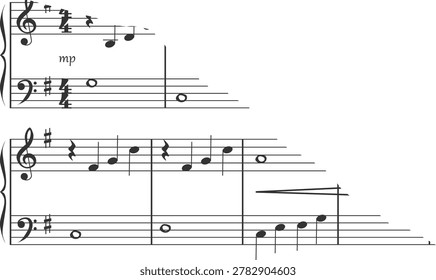 Music notes cascade on a staff with clef, rests, and dynamic marks in crisp line work. Symbolic of melody, creativity, rhythm, and composition. Cartoon vector illustration.