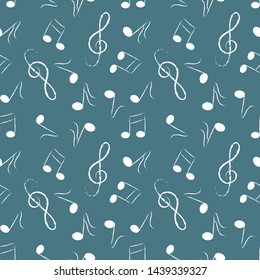 music notes, chalky, hand-drawn white on aqua blue background. Vector seamless pattern.