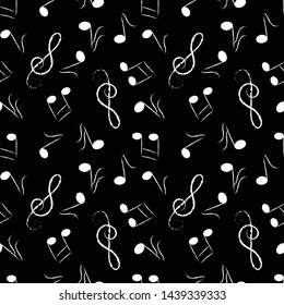 music notes, chalky, hand-drawn white on black background. Vector seamless pattern.