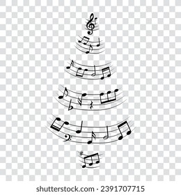 Music notes Christmas tree, festive winter musical silhouette, vector illustration.