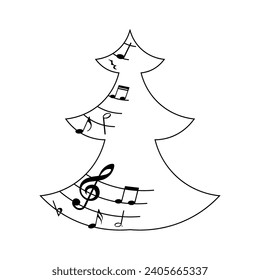 Music notes Christmas tree, festive winter musical silhouette, vector illustration.