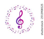 Music notes circle frame with treble clef, colorful round musical pattern, vector illustration.