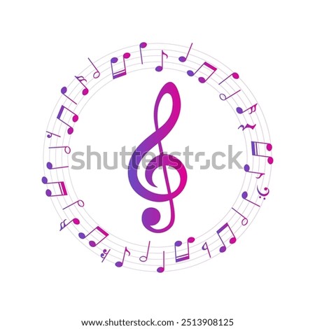 Music notes circle frame with treble clef, colorful round musical pattern, vector illustration.