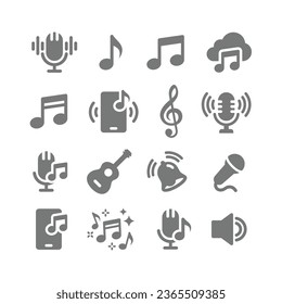 Juego de iconos de notas musicales, de clef y del vector de sonido. Nota musical, iconos de micrófono.