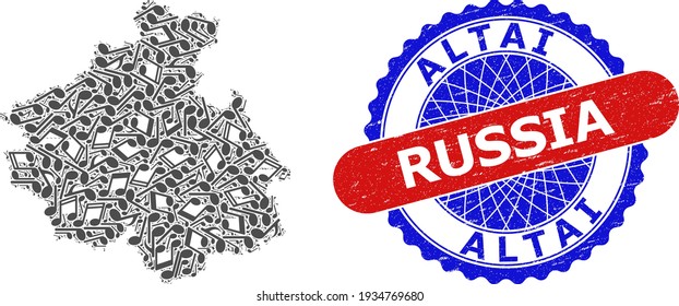 Collage de notas musicales para el mapa de la república de Altai y el sello grunge Bicolor