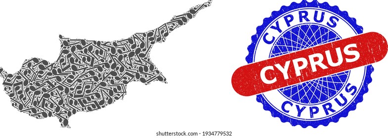 Music Notes Collage for Cyprus Map and Bicolor Textured Seal Stamp