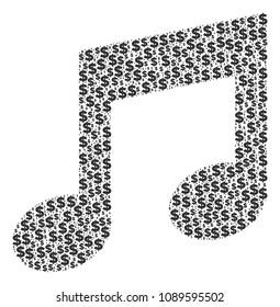 Music notes collage of dollars and round dots. Vector money icons are arranged into music notes collage.