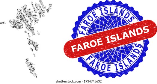 Music Notes Collage for Faroe Islands Map and Bicolor Textured Seal Stamp