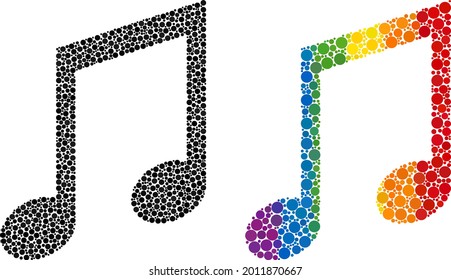 Icono de collage de notas musicales de elementos de círculo en diferentes tamaños y matices de color de espectro. Notas musicales salpicadas de colores LGBT para lesbianas, gays, bisexuales y transgéneros.