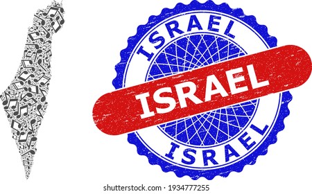 Music Notes Collage for Israel Map and Bicolor Textured Stamp