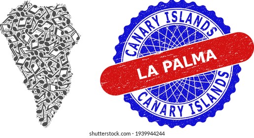 Music Notes Collage for La Palma Island Map and Bicolor Textured Rubber Stamp