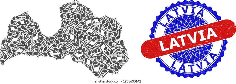 Collage de notas musicales para el mapa de Letonia y el sello de sello texturizado de color