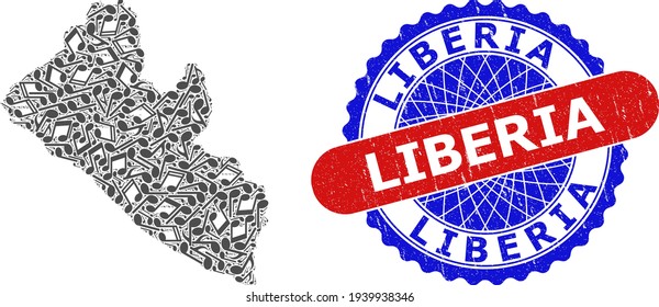 Collage de notas musicales para mapa de Liberia y sello de distrés de Bicolor