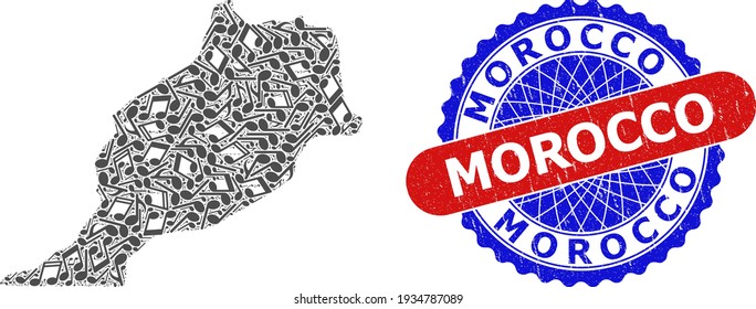 Music Notes Collage for Morocco Map and Bicolor Scratched Stamp Badge