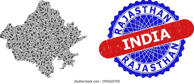 Music Notes Collage for Rajasthan State Map and Bicolor Distress Seal