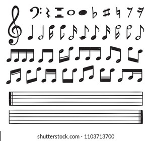 Music notes collection. Hand drawn music notes isolated on white background. Blank staves included. Vector illustration.