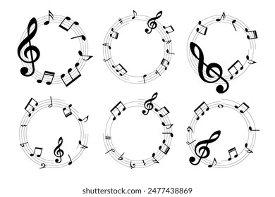 Colección de notas musicales, Elementos musicales redondos, Ilustración vectorial aislada.